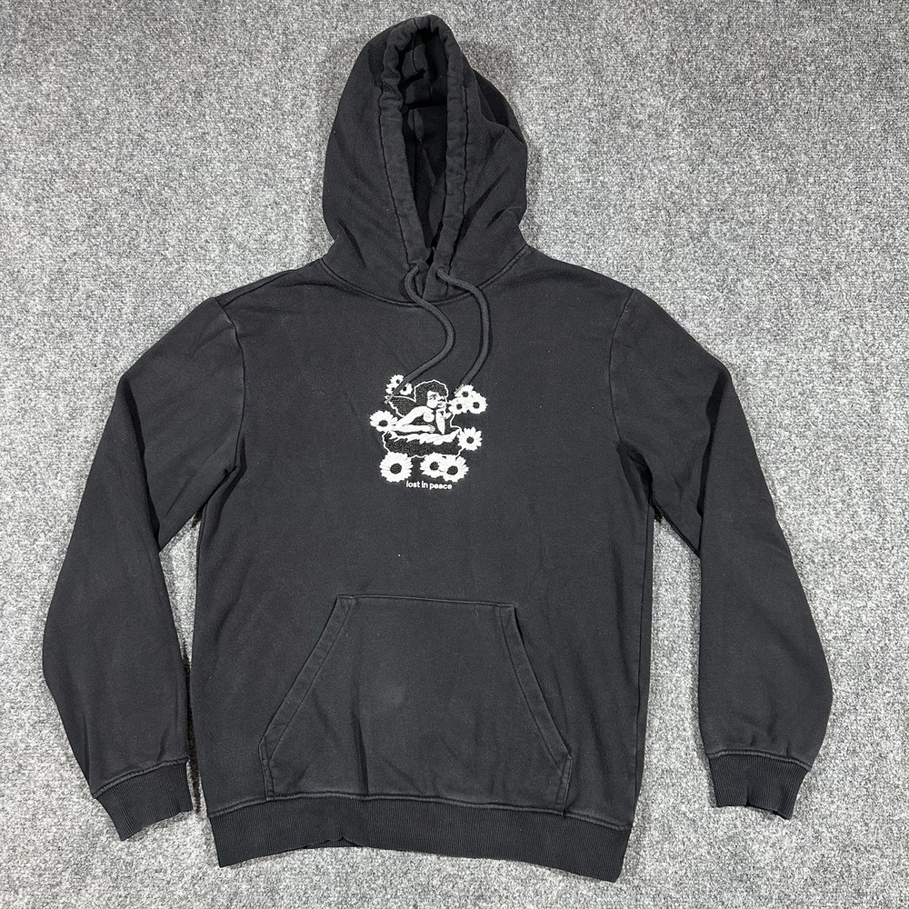 HM Regular Fit Hoodie Mens XS Black Lost In Peace Cherub Angel Daisy Graphic